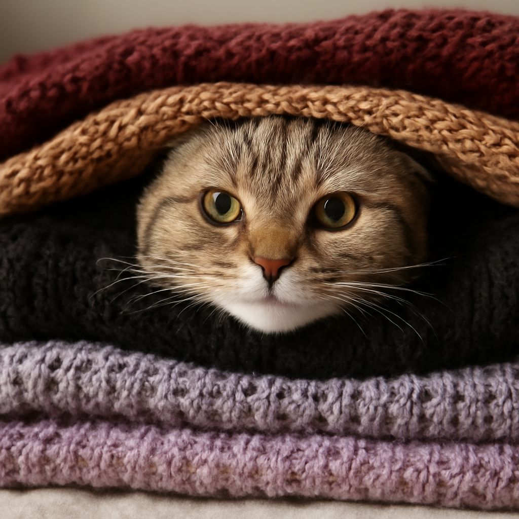cats laying on clothes and bringing toys