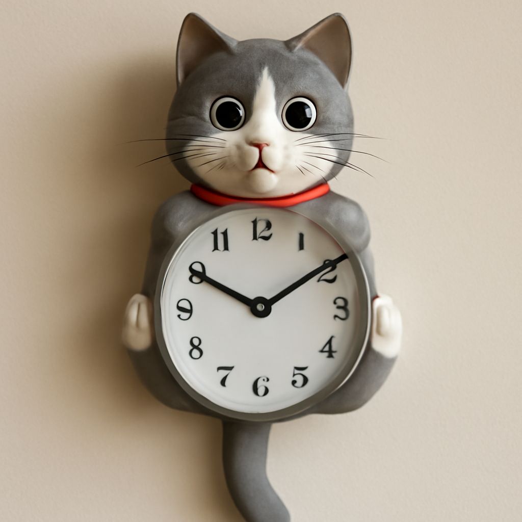 A cat clock with moving eyes and tail, highlighting cat clock eyes and tail features