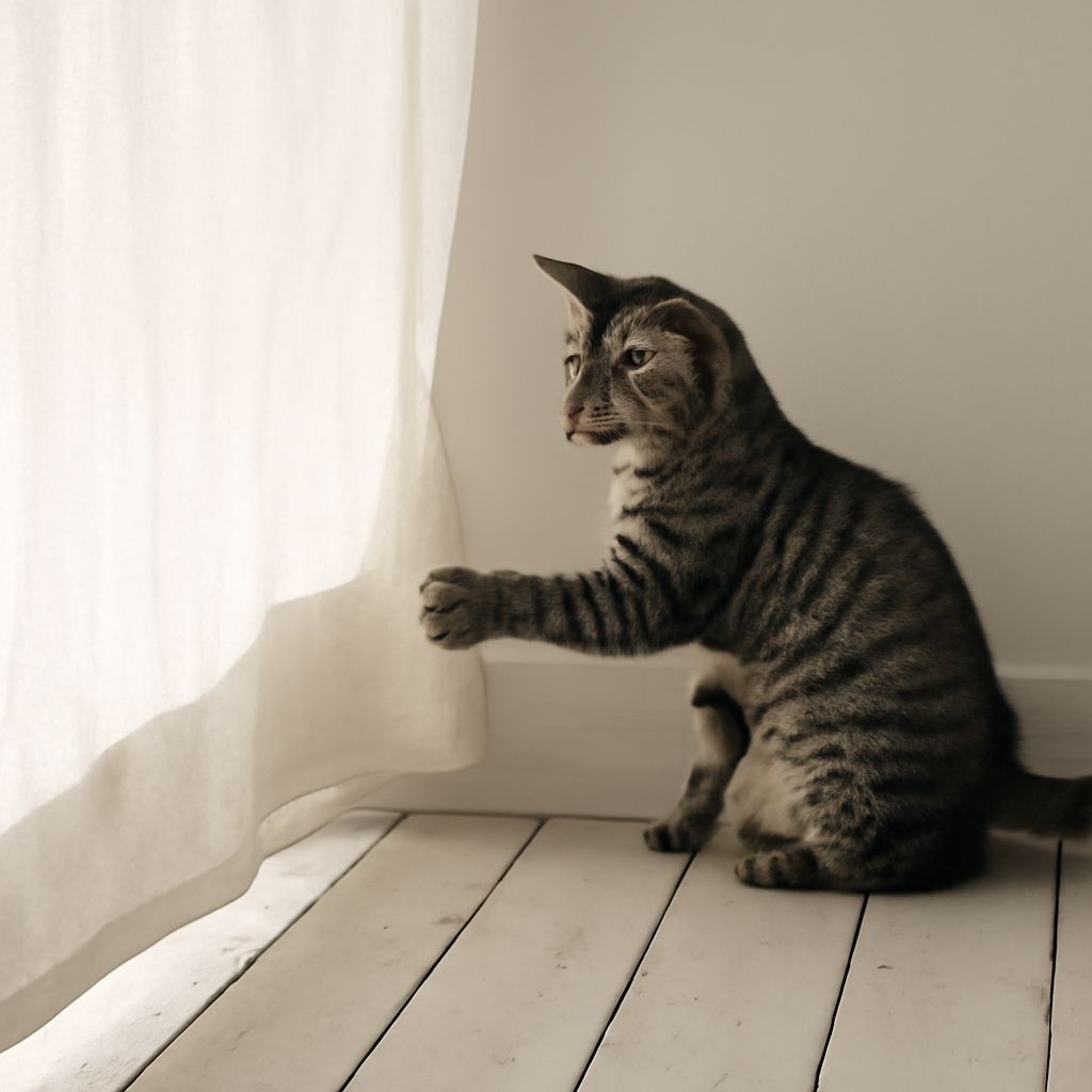 A shy cat looking timid with calming spray nearby